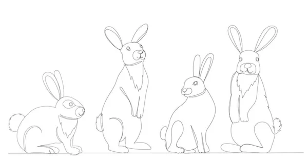 Conejos Liebres Dibujo Una Línea Contorno Vector — Archivo Imágenes Vectoriales