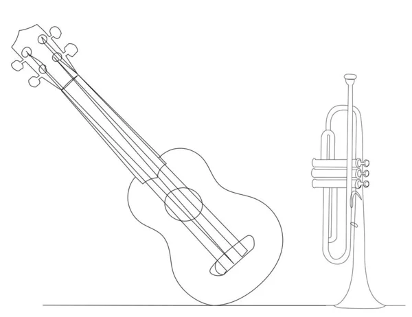 Gitár Zenei Trombita Egy Vonal Rajz Vázlat Vektor — Stock Vector