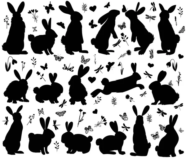 Tavşanlar Tavşanlar Beyaz Arkaplanda Siluet Oluşturur Izole Edilmiş Vektör — Stok Vektör