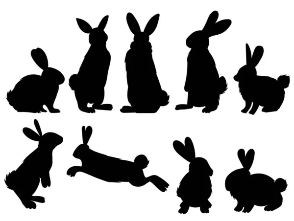 Rabbits Hares Set Silhouette White Background Isolated — Stock Vector