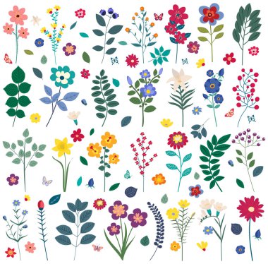 çiçekler, bitkiler, yapraklar çizgi film dizaynı, izole vektör