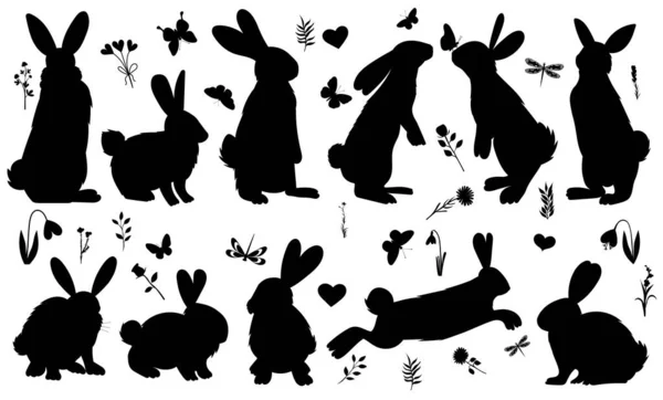 Tavşan Tavşan Silueti Seti Beyaz Arkaplan Koleksiyonu Izole Vektör — Stok Vektör