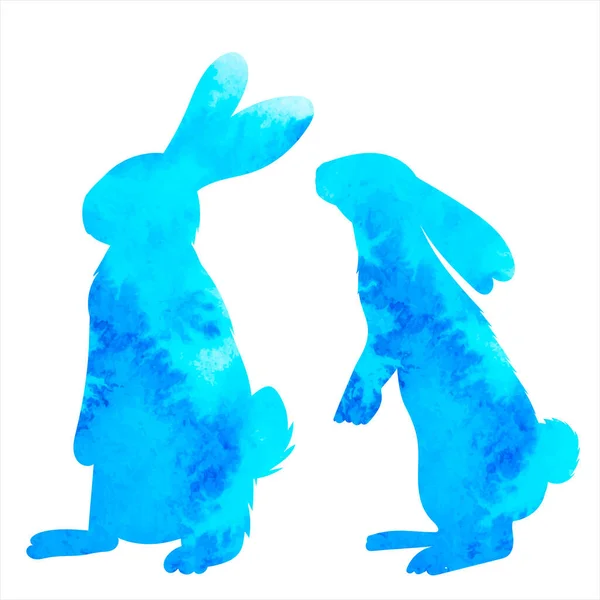 Rabbits Blue Watercolor Silhouette Isolated Vector — Stock Vector