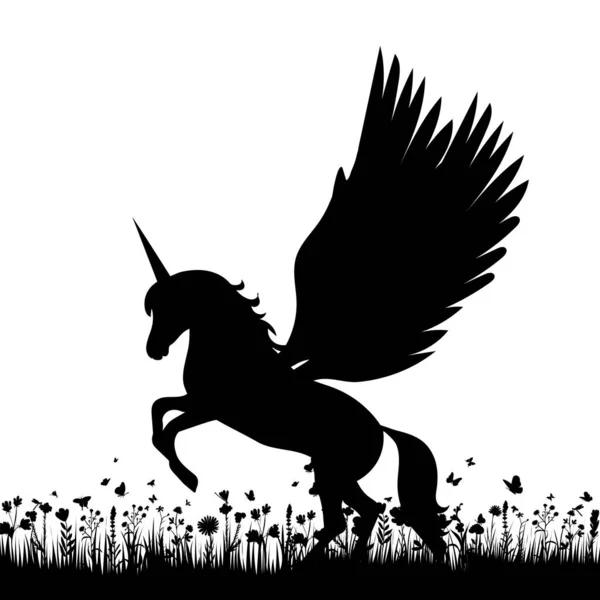 Pegasus Siluetě Trávy Izolovaný Vektor — Stockový vektor