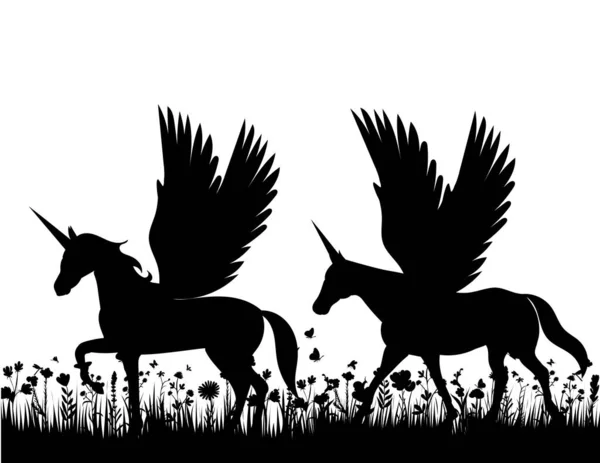 Pegasus Sur Silhouette Herbe Isolé — Image vectorielle