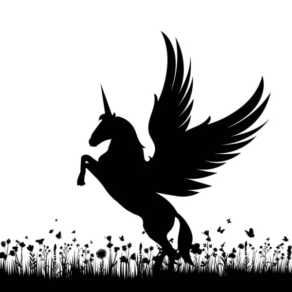 Pegasus Sur Silhouette Herbe — Image vectorielle