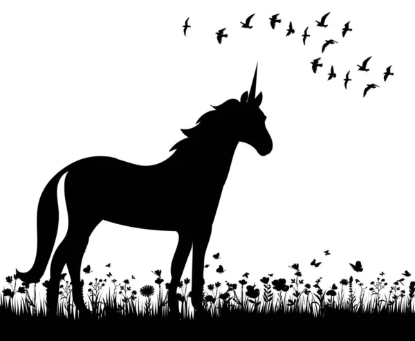 Licorne Sur Silhouette Herbe Vecteur Isolé — Image vectorielle