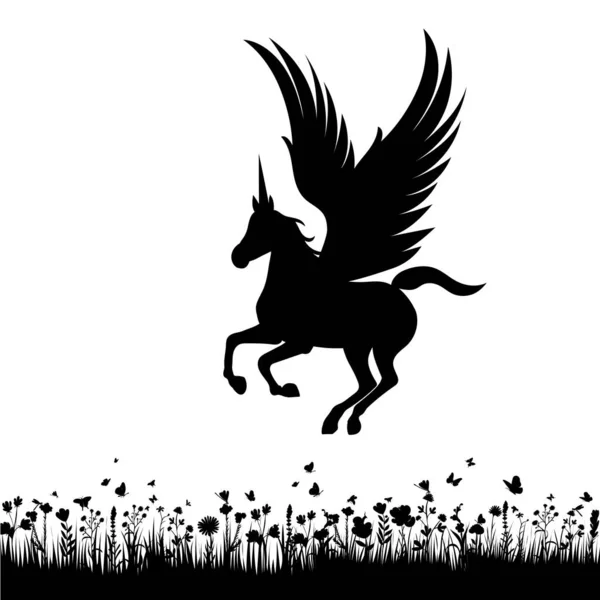 Pegasus Dans Silhouette Herbe Isolé — Image vectorielle