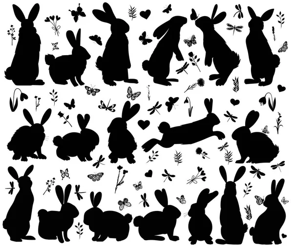 Tavşanlar Tavşanlar Beyaz Arkaplanda Silueti Ayarlayın Izole Edilmiş Vektör — Stok Vektör