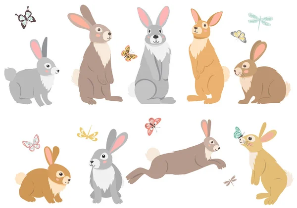Rabbits Hares Set Flat Design Collection Isolated Vector — Stock Vector