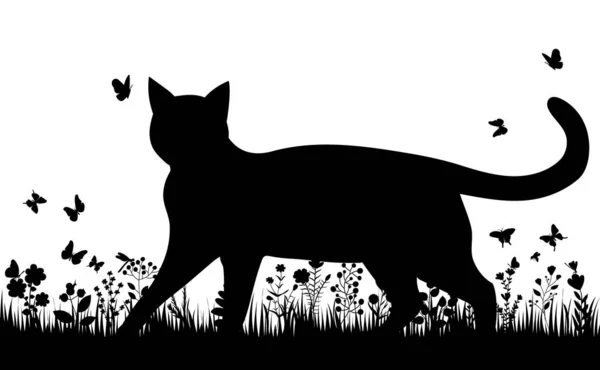 Kat Het Grassilhouet Geïsoleerd — Stockvector