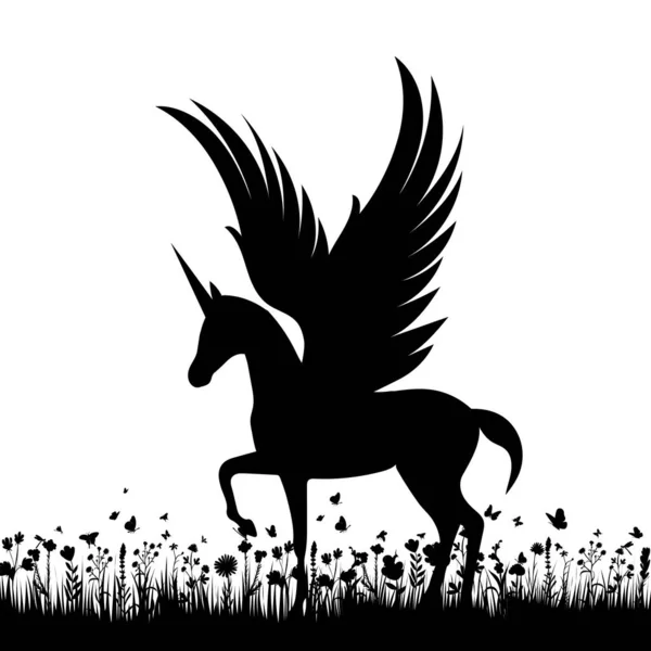 Pegasus Στο Γρασίδι Μαύρο Σιλουέτα Απομονωμένο Φορέα — Διανυσματικό Αρχείο