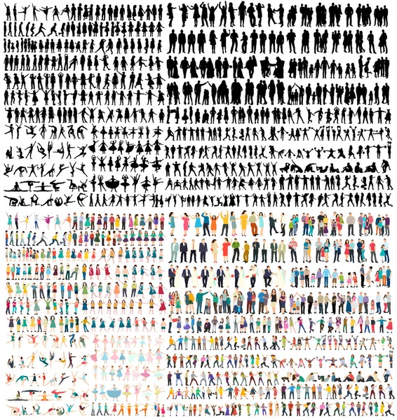 Pessoas Grande Conjunto Silhueta Isolado Vetor —  Vetores de Stock