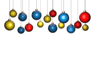 3D çiz, noel baloları. Mavi, kırmızı ve sarı süsler bir iplikle asılmış.