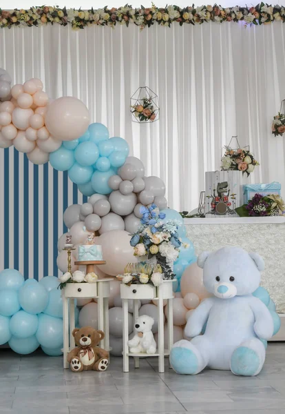 Alles Gute Zum Geburtstag Kinderdekoration Mit Leuchtenden Lichtern Geburtstagsgirlanden Luftballons — Stockfoto