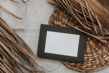 Şık, kuru palmiye yapraklarının maketi. Asgari davet konsepti. Durgun fotoğraf