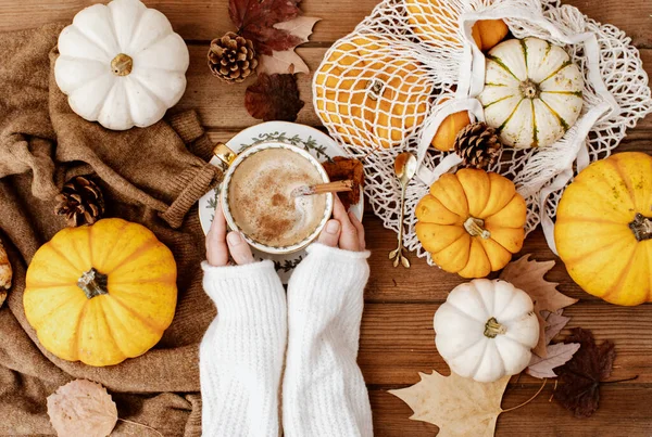 Womans Hands holding warm coffee with pumpkins and colorful leaves background top view. Stylish autumn flat lay. Hello fall. Cozy warm image
