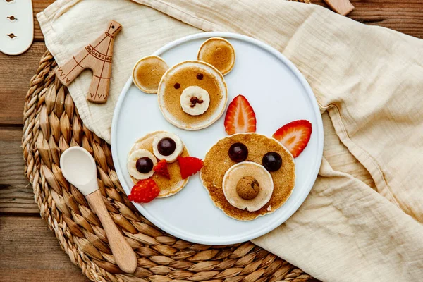 Pancakes Funny Faces Decorated Kids Healthy Fruit Pancakes Baby Meal — Stock Photo, Image