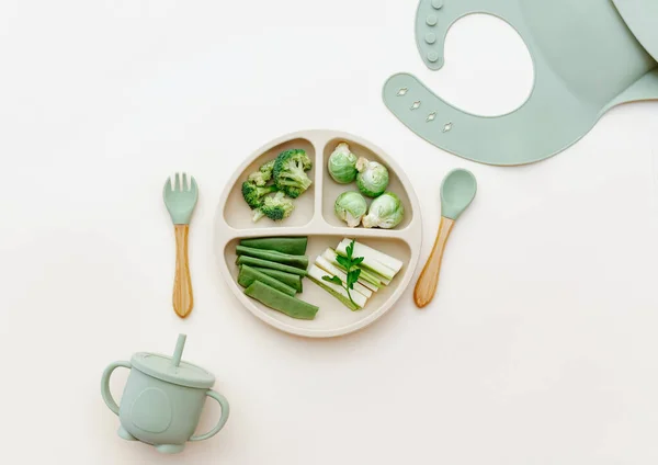 Baby Food Flat Lay Variation Fresh Green Vegetables Healthy Vegan — Foto de Stock