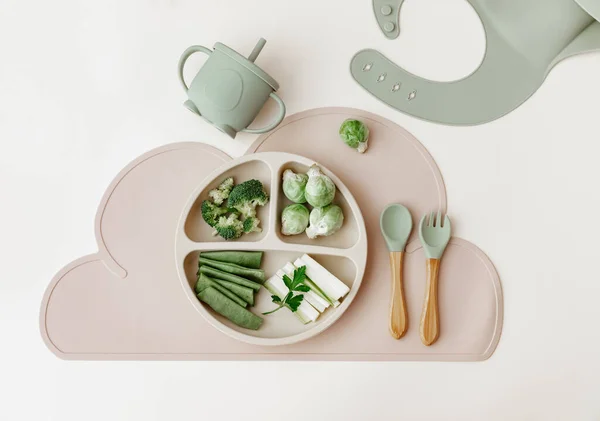 Baby Food Flat Lay Variation Fresh Green Vegetables Healthy Vegan — Foto Stock