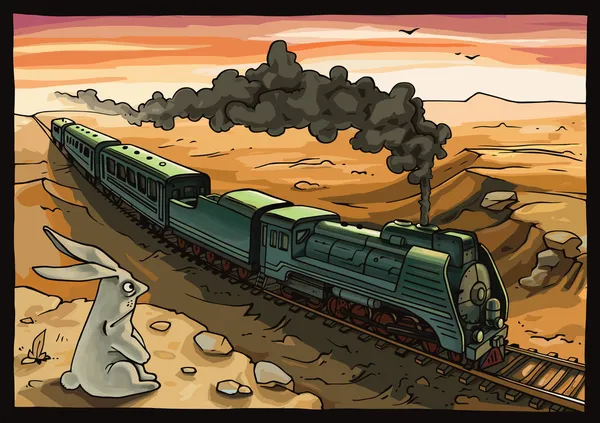 Locomotive à vapeur et lapin — Image vectorielle