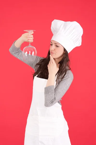 Woman chef with dirty glass — Stock Photo, Image