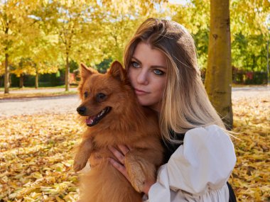 Güzel sarışın kız Pomeranya köpeğiyle oynuyor.