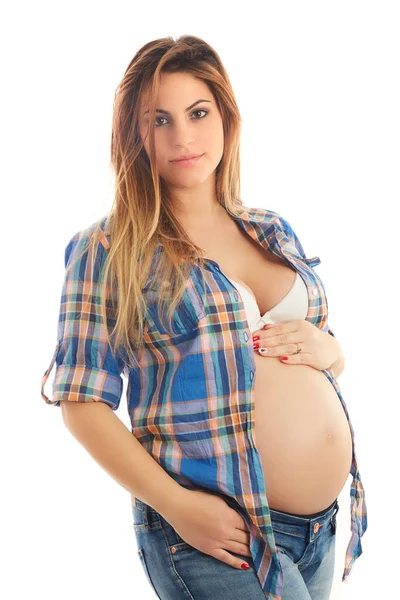 Güzel Bir Kız Hamile Beyaz Arkaplanda Portre — Stok fotoğraf