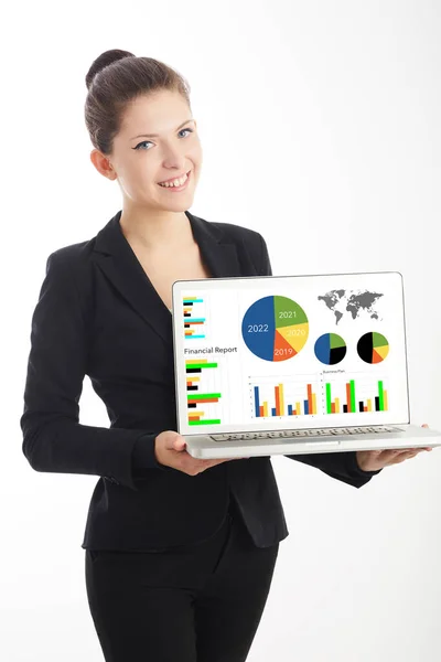 Young Businesswoman Show Business Plan Laptop — Stock Photo, Image