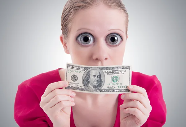 Money concept. woman with a big eyes and mouth closed dollar — Stock Photo, Image