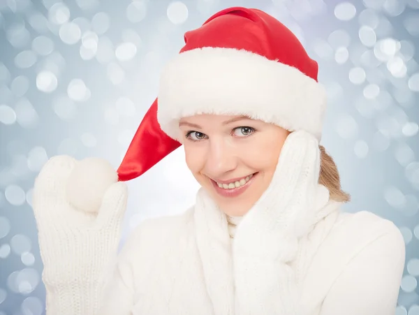 Beauty happy girl in Christmas hat and mittens — Stock Photo, Image