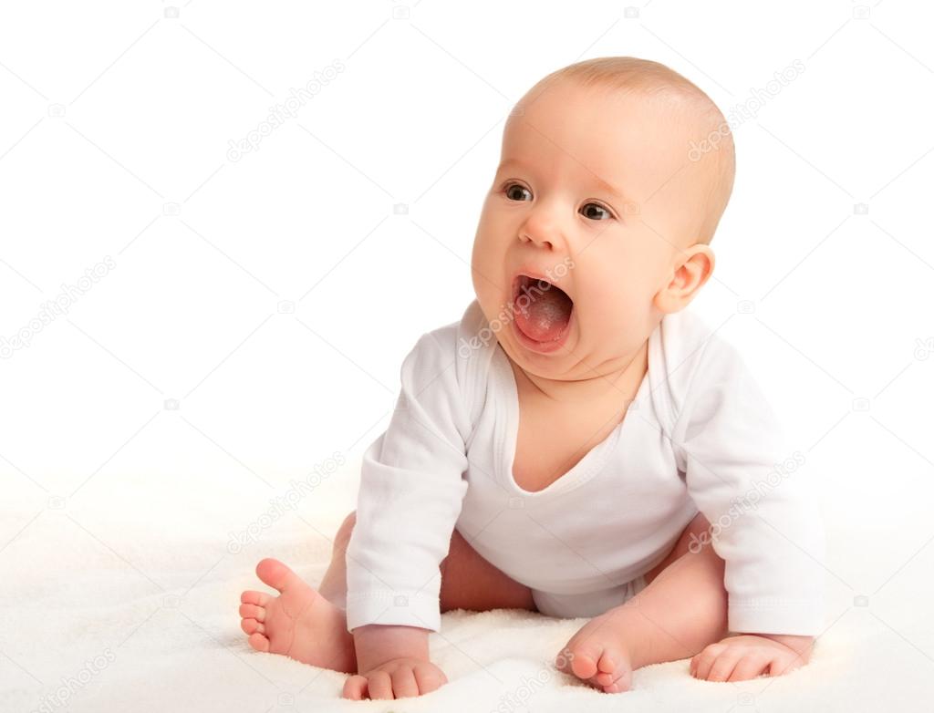 happy baby with open mouth laughs, shouting