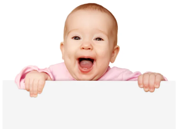 Cute baby with white blank banner isolated — Stock Photo, Image