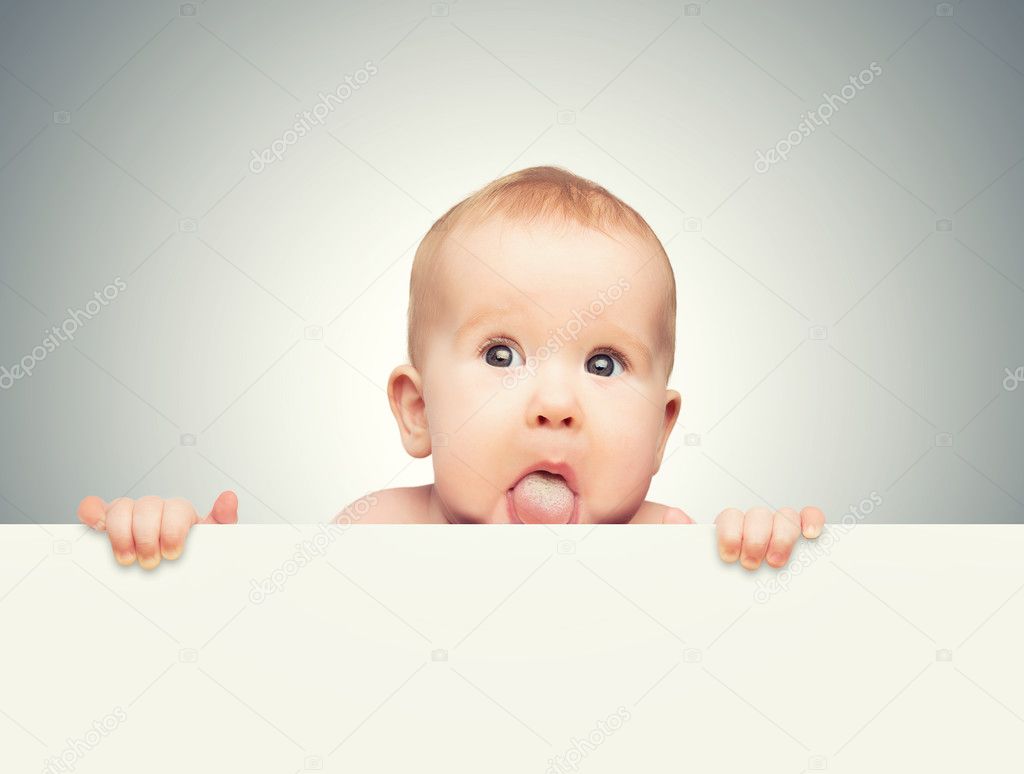 funny cute baby with white blank banner