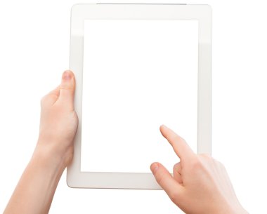 kadının elinde boş bir ekran ile beyaz tablet