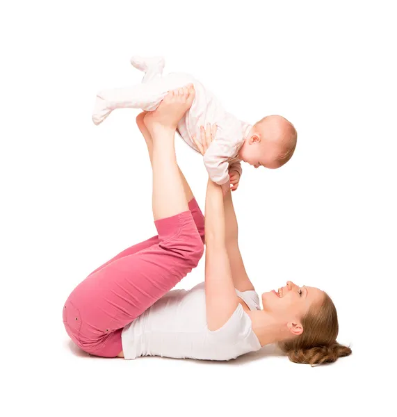 Ginástica de mãe e bebê, exercícios de ioga isolados — Fotografia de Stock