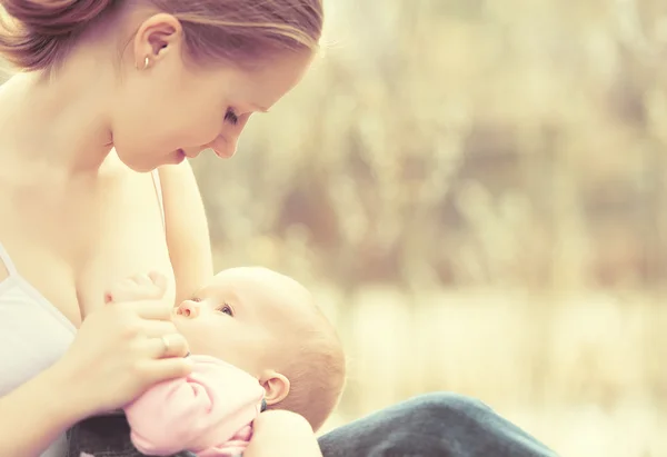 Mother feeding her baby in nature outdoors in the park — Stock Photo, Image