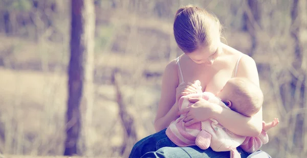 Madre alimentando a su bebé en la naturaleza al aire libre en el parque —  Fotos de Stock