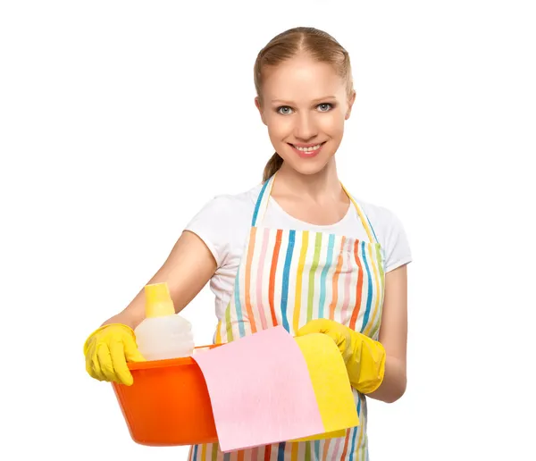 Gelukkig jonge huisvrouw in handschoen geïsoleerd op wit — Stockfoto