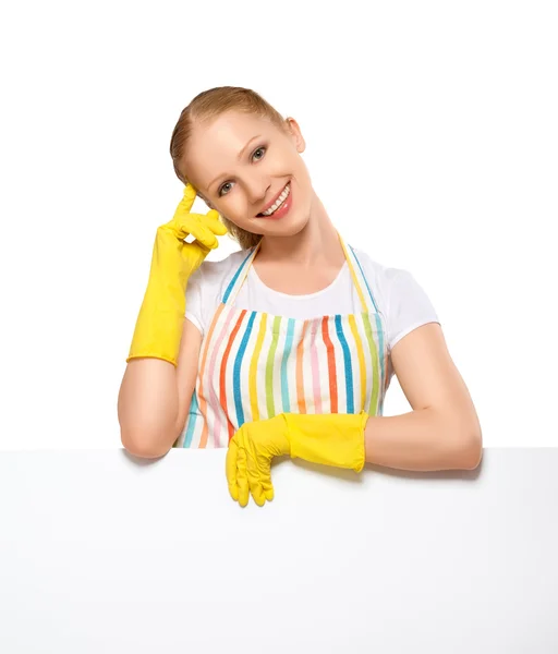 Happy young housewife in glove with white empty billboard isolat — Stock Photo, Image