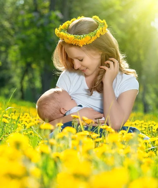 Mother feeding her baby in nature green meadow with yellow flow — Stock Photo, Image