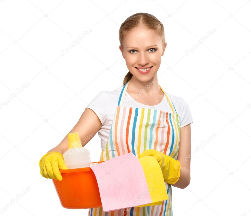 happy young housewife in glove isolated on white
