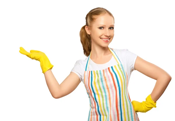 Gelukkig jonge huisvrouw in handschoen met witte lege billboard isolat — Stockfoto