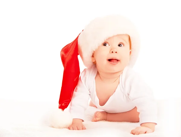 Beautiful baby in a Christmas hat isolated on white — Stock Photo, Image