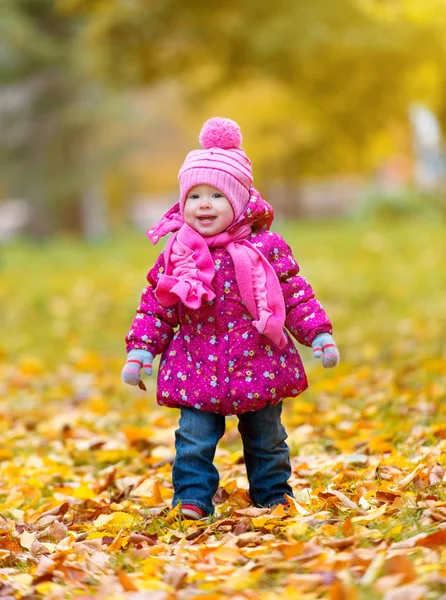 Happy baby girl child outdoors in the park in autumn — Stock Photo, Image