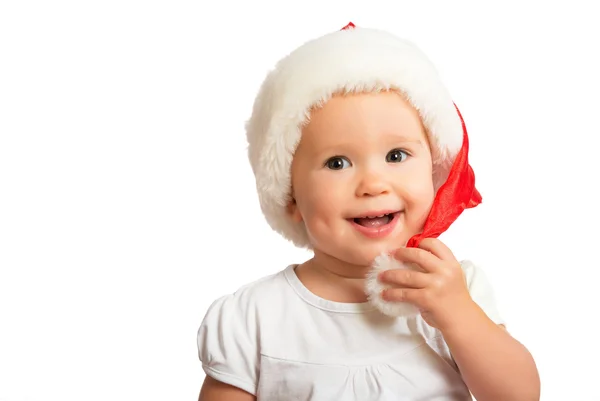 Beautiful happy funny baby in a Christmas hat isolated — Stock Photo, Image