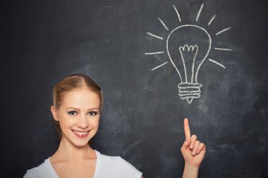 fikir kavramı. kadın ve ampul tahtaya tebeşirle çizilmiş