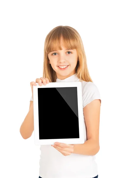 Copil fericit fata cu calculator comprimat gol — Fotografie, imagine de stoc