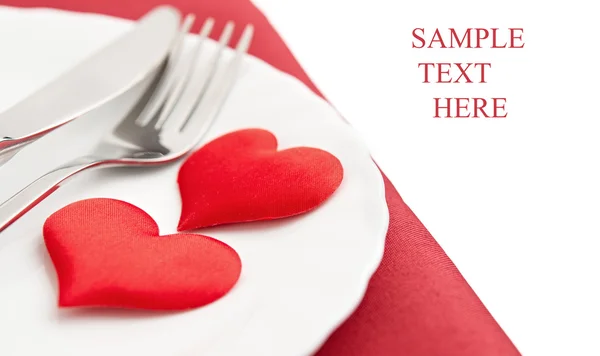 Plate, fork, knife and red hearts — Stock Photo, Image