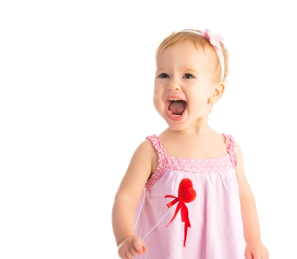 Menina feliz com coração vermelho isolado — Fotografia de Stock